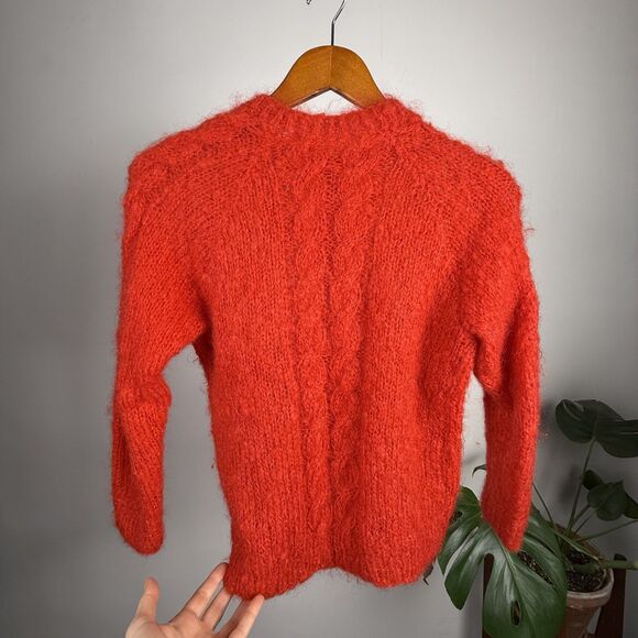 Vintage Hand Knit Red Mohair Cardigan Sweater | Fuzzy Cable Knit Button Front - Picture 12 of 12